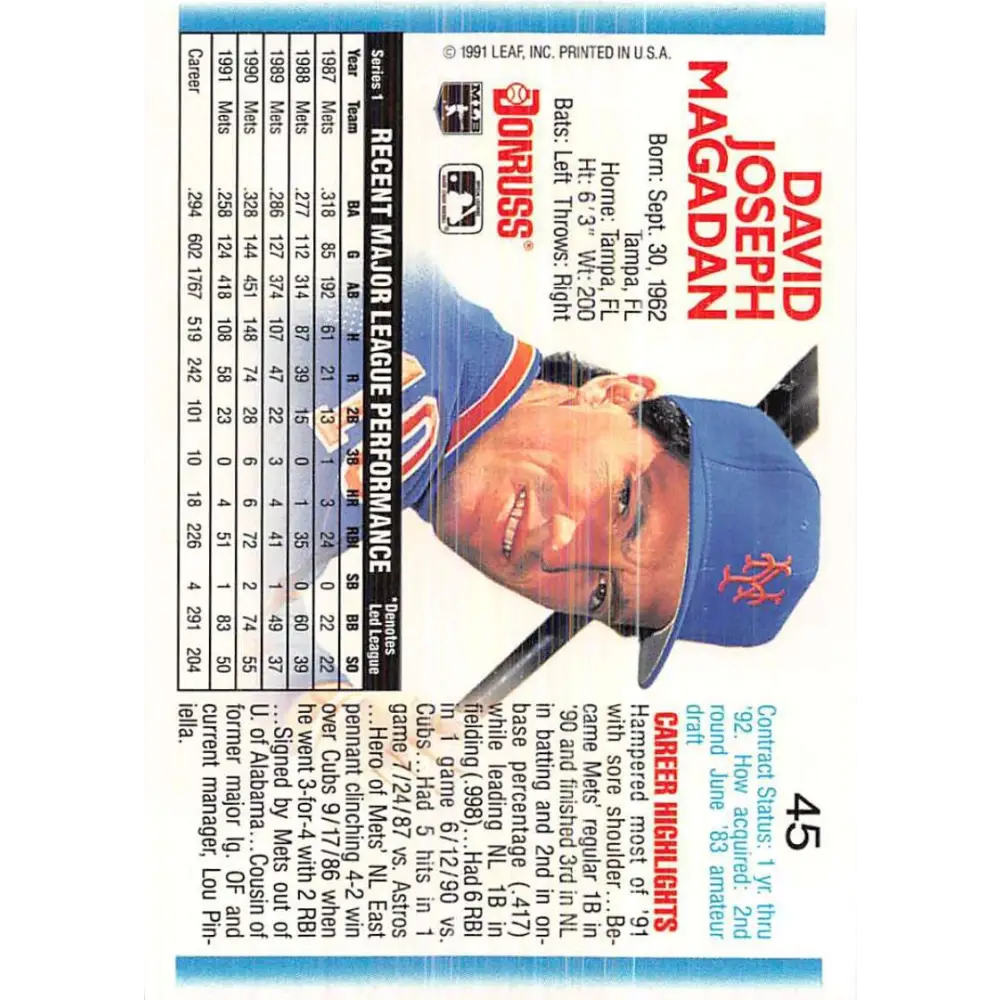 1992 Donruss #45 Dave Magadan NM-MT New York Mets Baseball Card Image 2