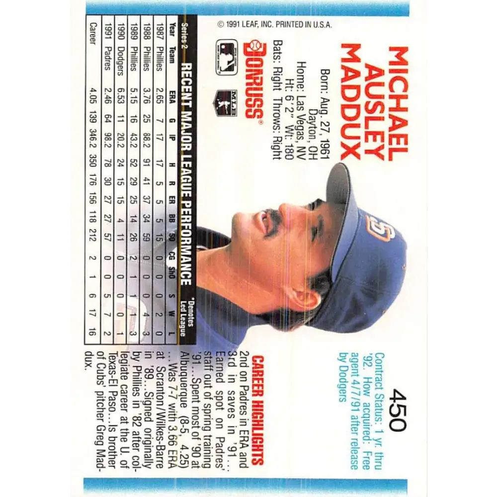 1992 Donruss #450 Mike Maddux NM-MT San Diego Padres Baseball Card Image 2