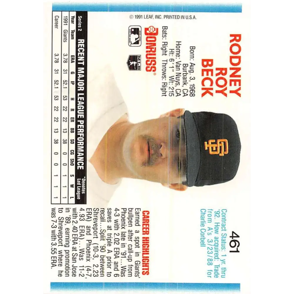 1992 Donruss #461 Rod Beck NM-MT RC Rookie San Francisco Giants Baseball Card Image 2