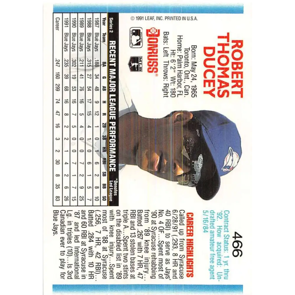 1992 Donruss #466 Rob Ducey NM-MT Toronto Blue Jays Baseball Card Image 2