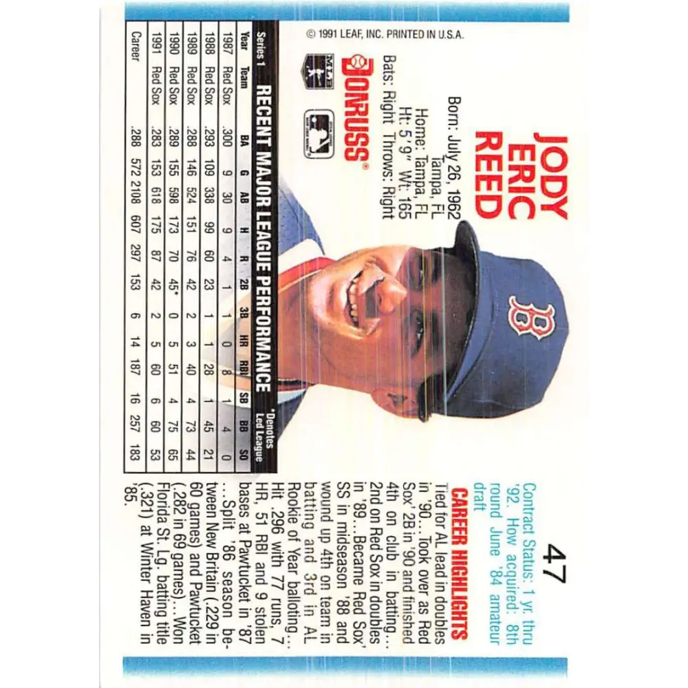 1992 Donruss #47 Jody Reed NM-MT Boston Red Sox Baseball Card Image 2