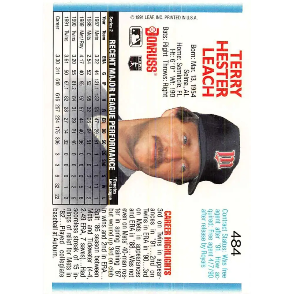 1992 Donruss #484 Terry Leach NM-MT Minnesota Twins Baseball Card Image 2