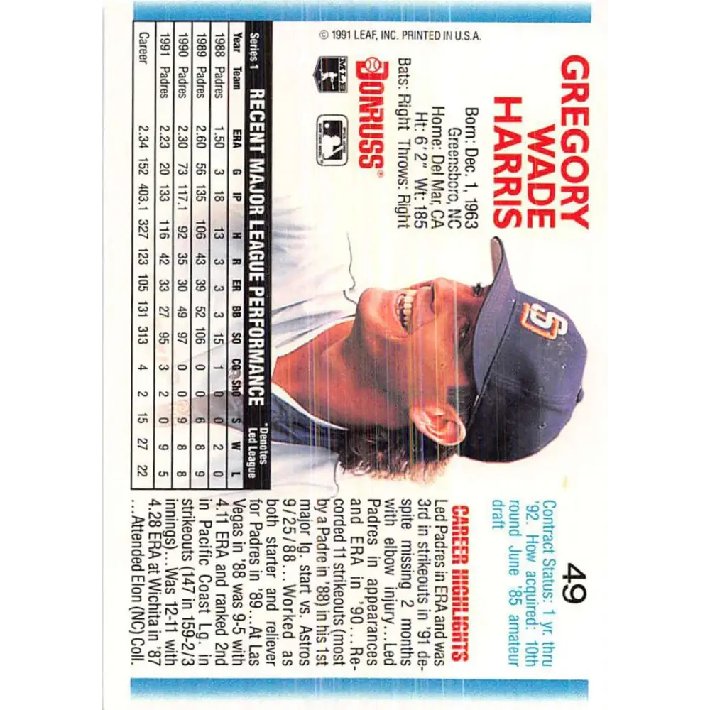 1992 Donruss #49 Greg Harris NM-MT San Diego Padres Baseball Card Image 2