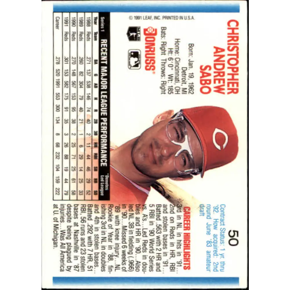 1992 Donruss #50 Chris Sabo NM-MT Cincinnati Reds Baseball Card Image 2