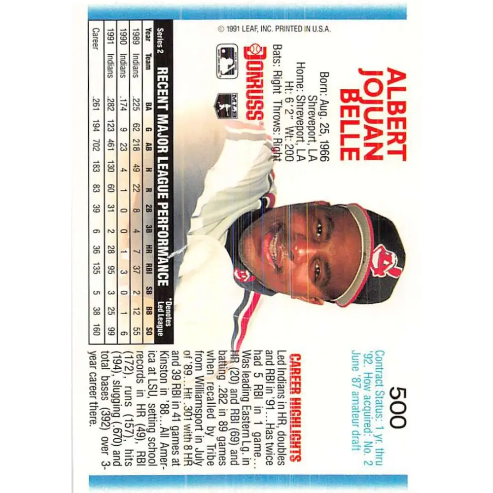 1992 Donruss #500 Albert Belle NM-MT Cleveland Indians Baseball Card Image 2