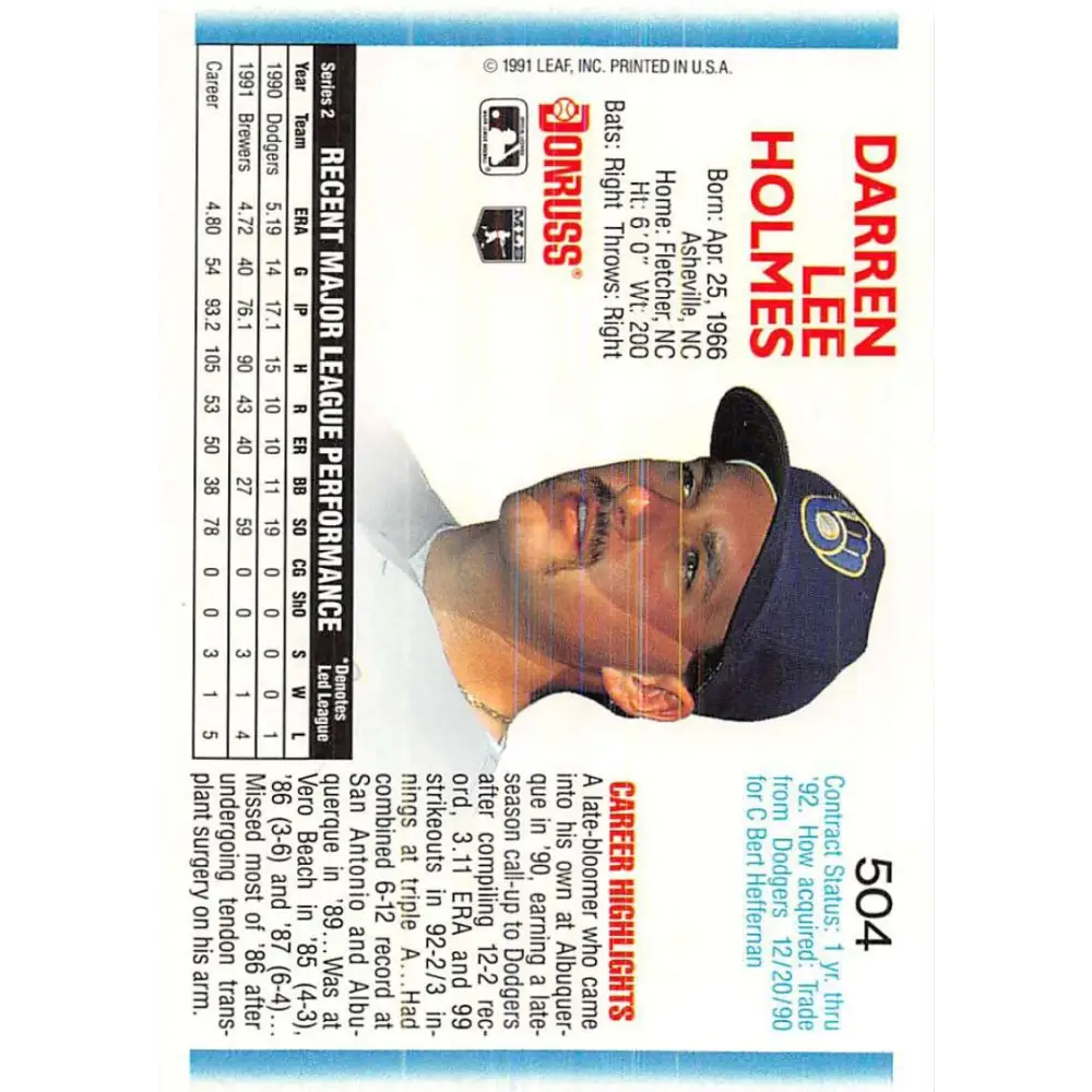 1992 Donruss #504 Darren Holmes NM-MT Milwaukee Brewers Baseball Card Image 2