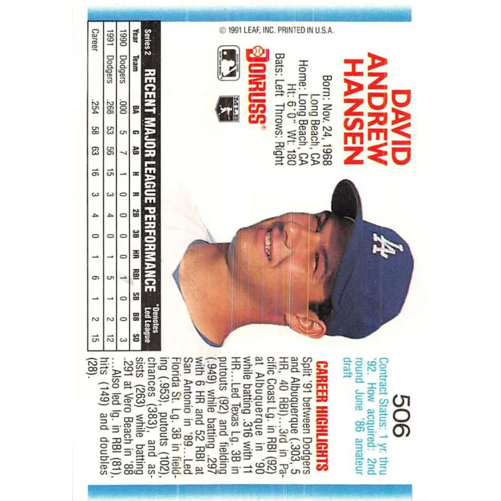1992 Donruss #506 Dave Hansen NM-MT Los Angeles Dodgers Baseball Card Image 2