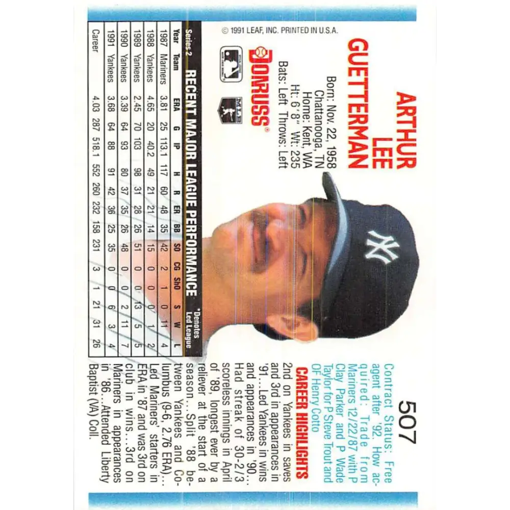 1992 Donruss #507 Lee Guetterman NM-MT New York Yankees Baseball Card Image 2