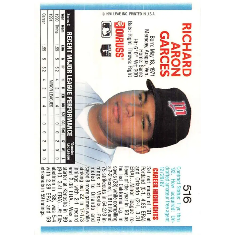 1992 Donruss #516 Rich Garces NM-MT Minnesota Twins Baseball Card Image 2
