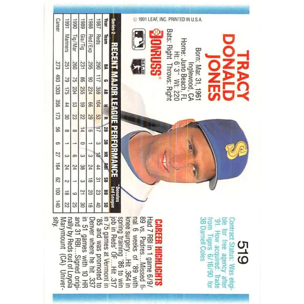 1992 Donruss #519 Tracy Jones NM-MT Seattle Mariners Baseball Card Image 2