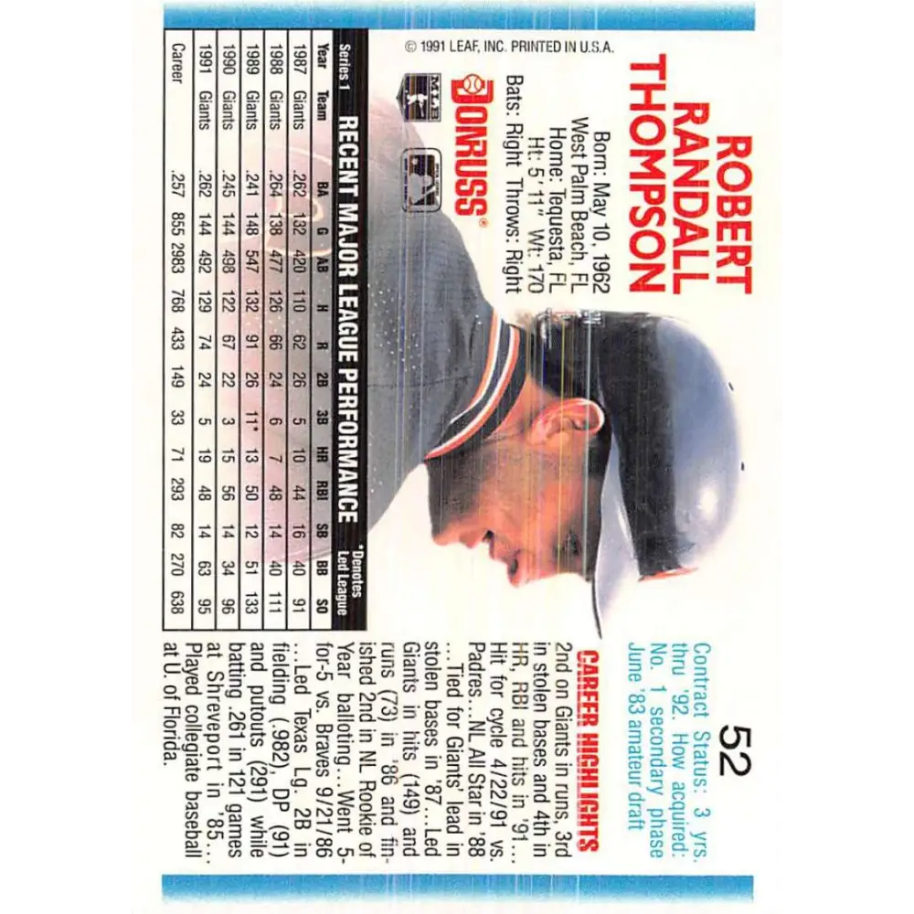 1992 Donruss #52 Robby Thompson NM-MT San Francisco Giants Baseball Card Image 2