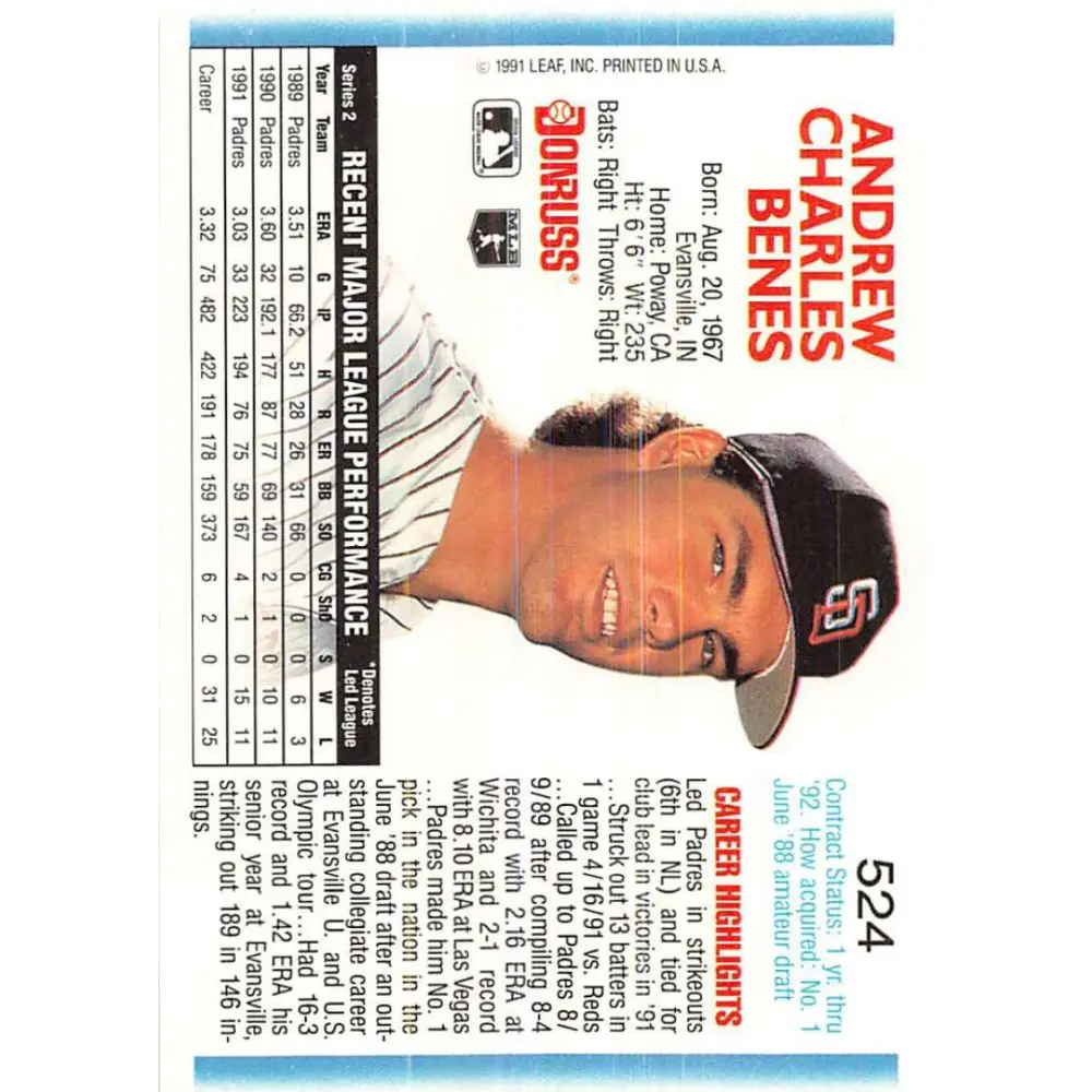 1992 Donruss #524 Andy Benes NM-MT San Diego Padres Baseball Card Image 2