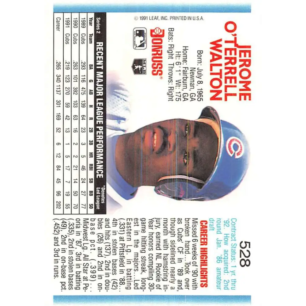 1992 Donruss #528 Jerome Walton NM-MT Chicago Cubs Baseball Card Image 2