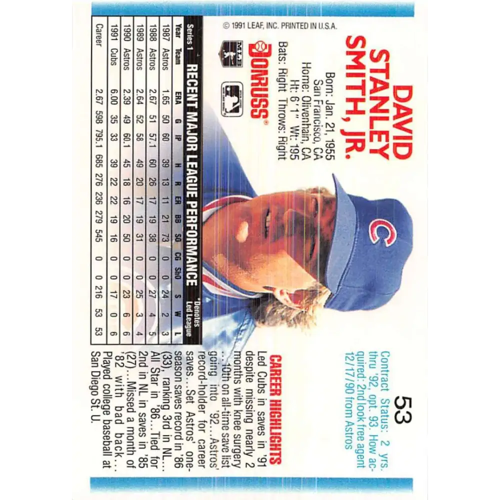1992 Donruss #53 Dave Smith NM-MT Chicago Cubs Baseball Card Image 2