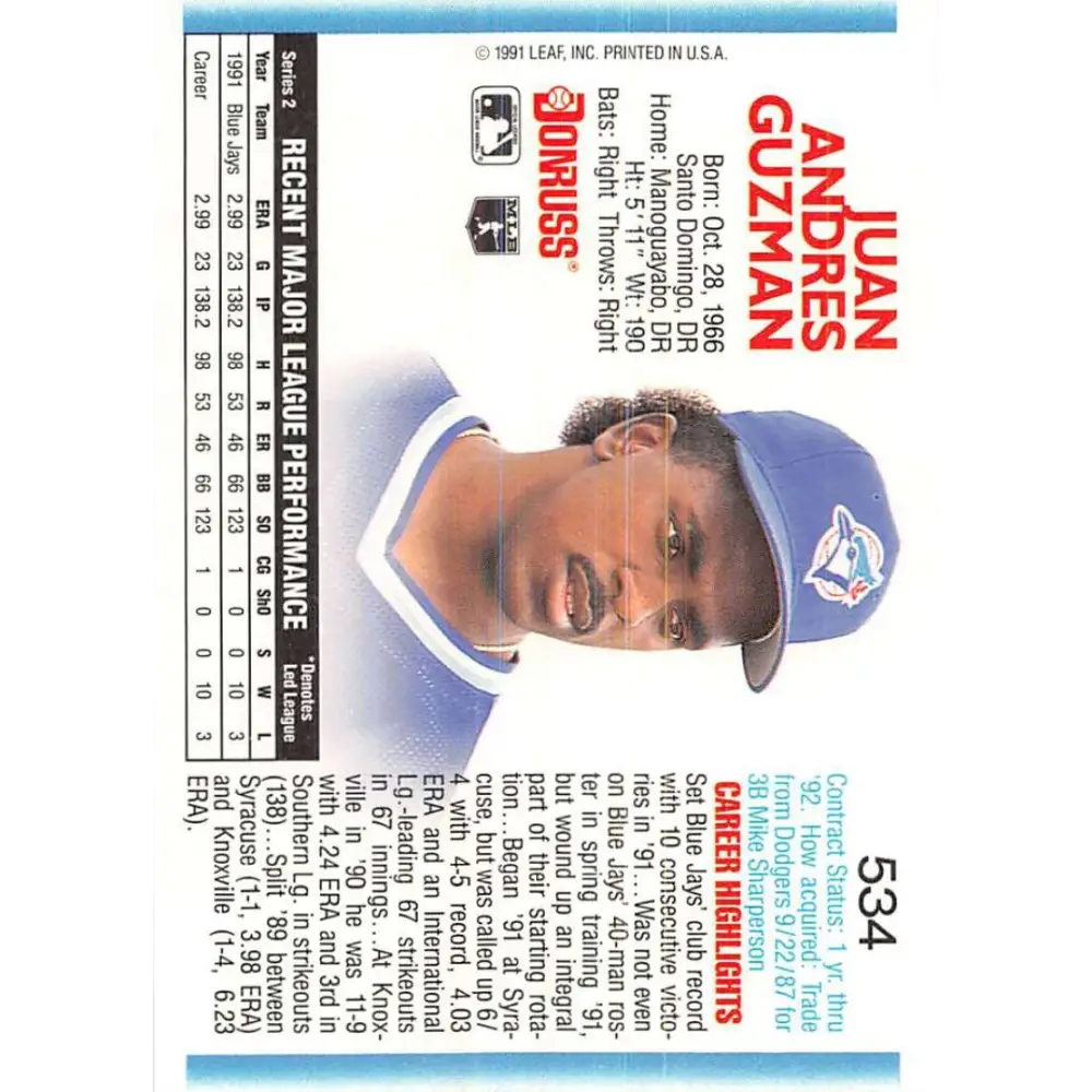 1992 Donruss #534 Juan Guzman NM-MT Toronto Blue Jays Baseball Card Image 2