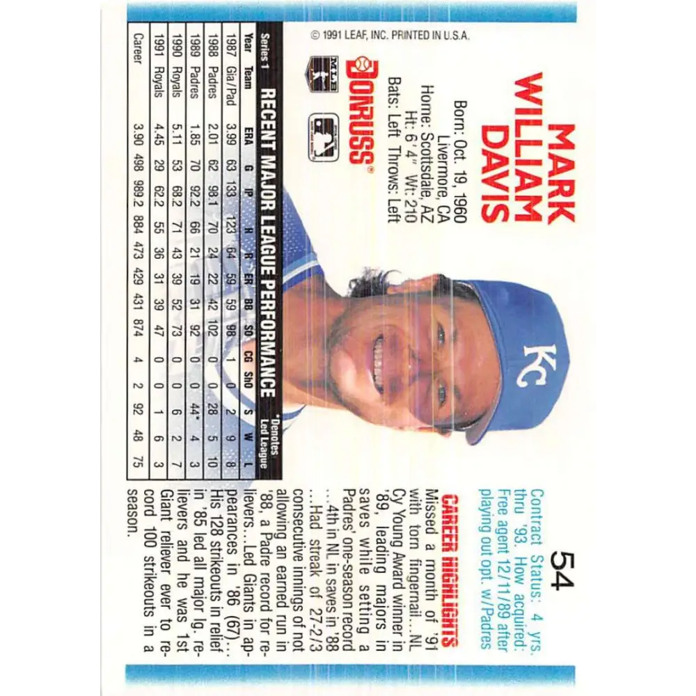1992 Donruss #54 Mark Davis NM-MT Kansas City Royals Baseball Card Image 2