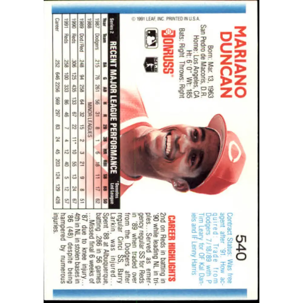1992 Donruss #540 Mariano Duncan NM-MT Cincinnati Reds Baseball Card Image 2