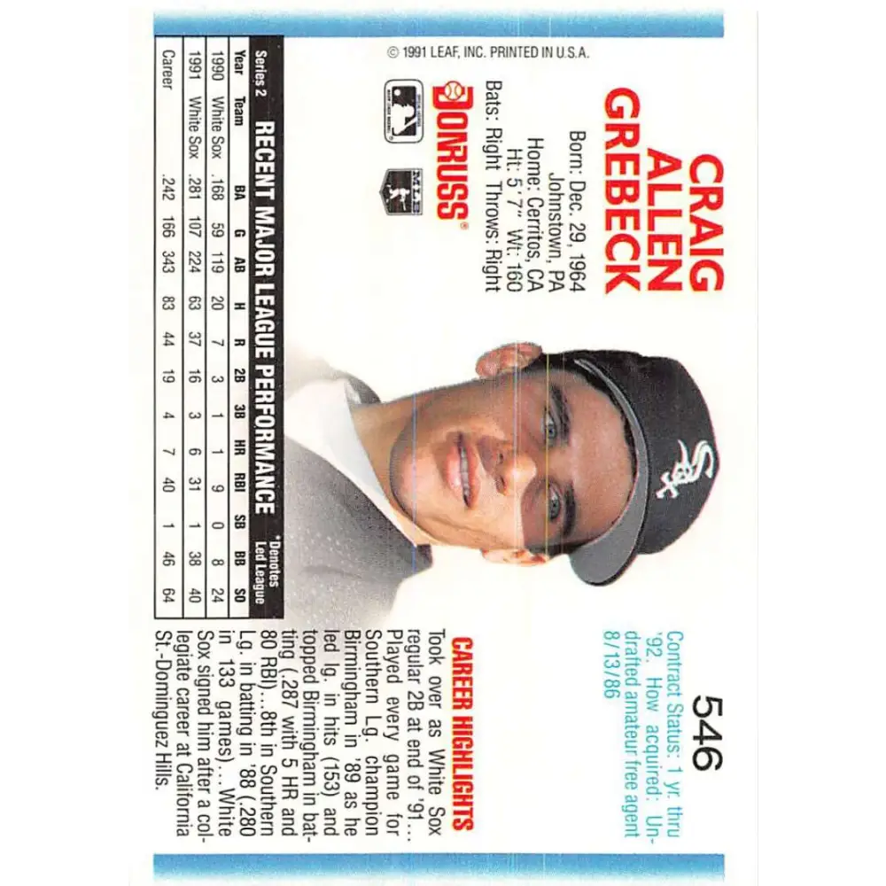 1992 Donruss #546 Craig Grebeck NM-MT Chicago White Sox Baseball Card Image 2