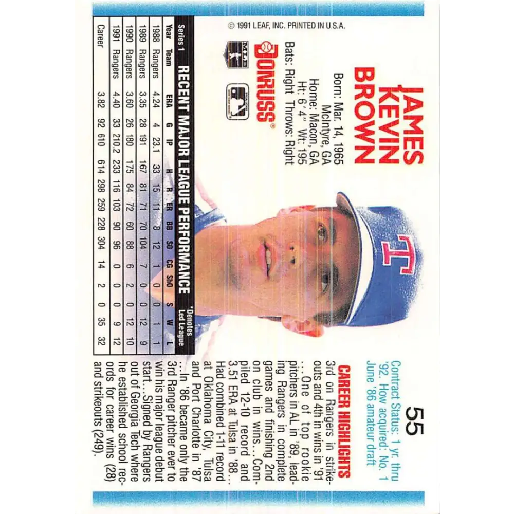 1992 Donruss #55 Kevin Brown NM-MT Texas Rangers Baseball Card Image 2