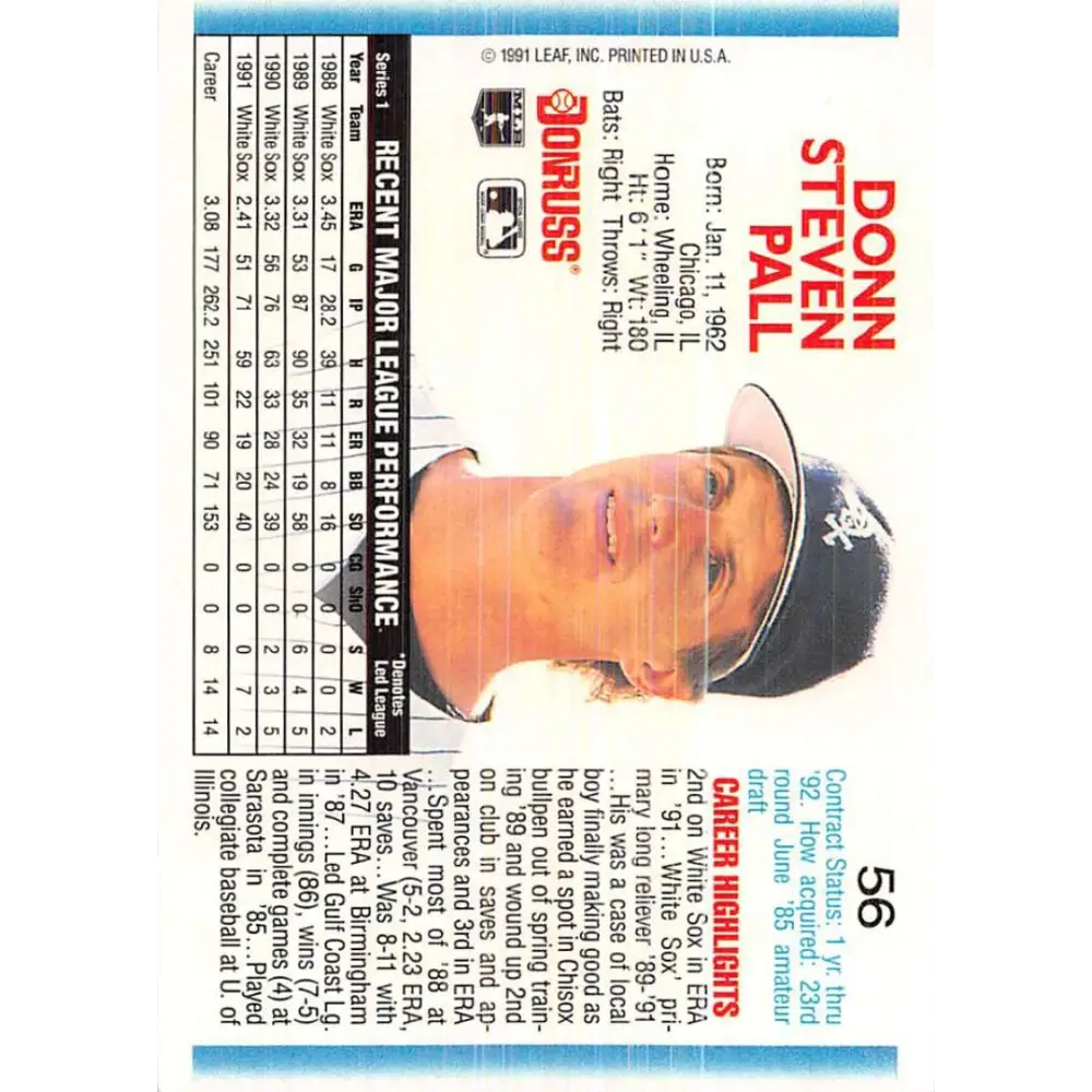 1992 Donruss #56 Donn Pall NM-MT Chicago White Sox Baseball Card Image 2
