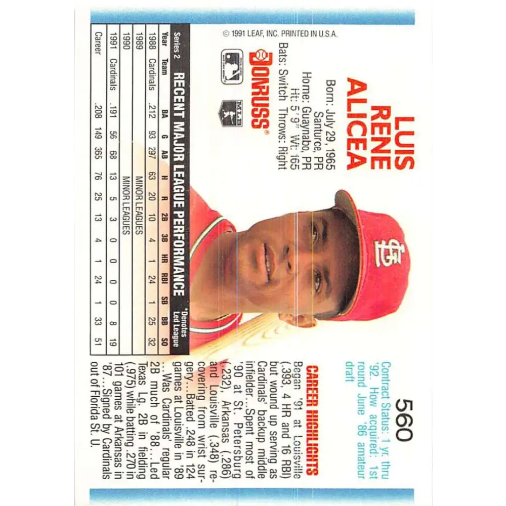 1992 Donruss #560 Luis Alicea NM-MT St. Louis Cardinals Baseball Card Image 2