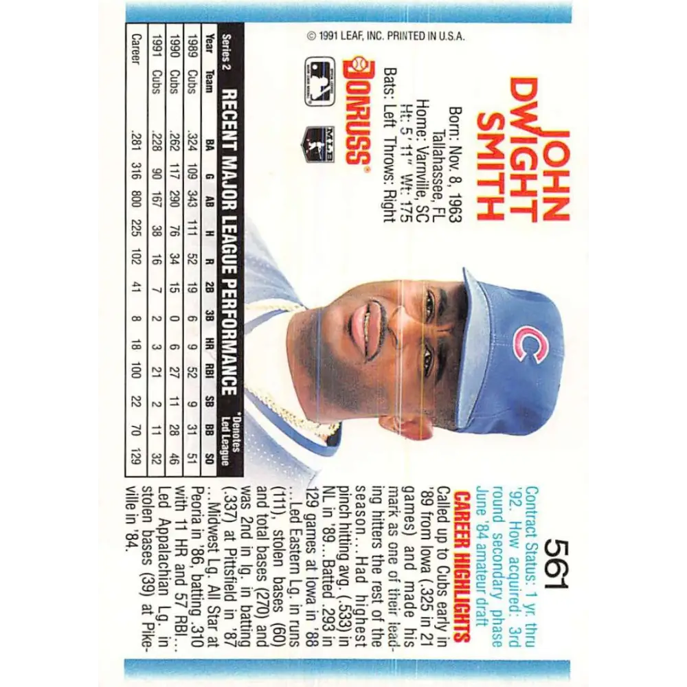 1992 Donruss #561 Dwight Smith NM-MT Chicago Cubs Baseball Card Image 2
