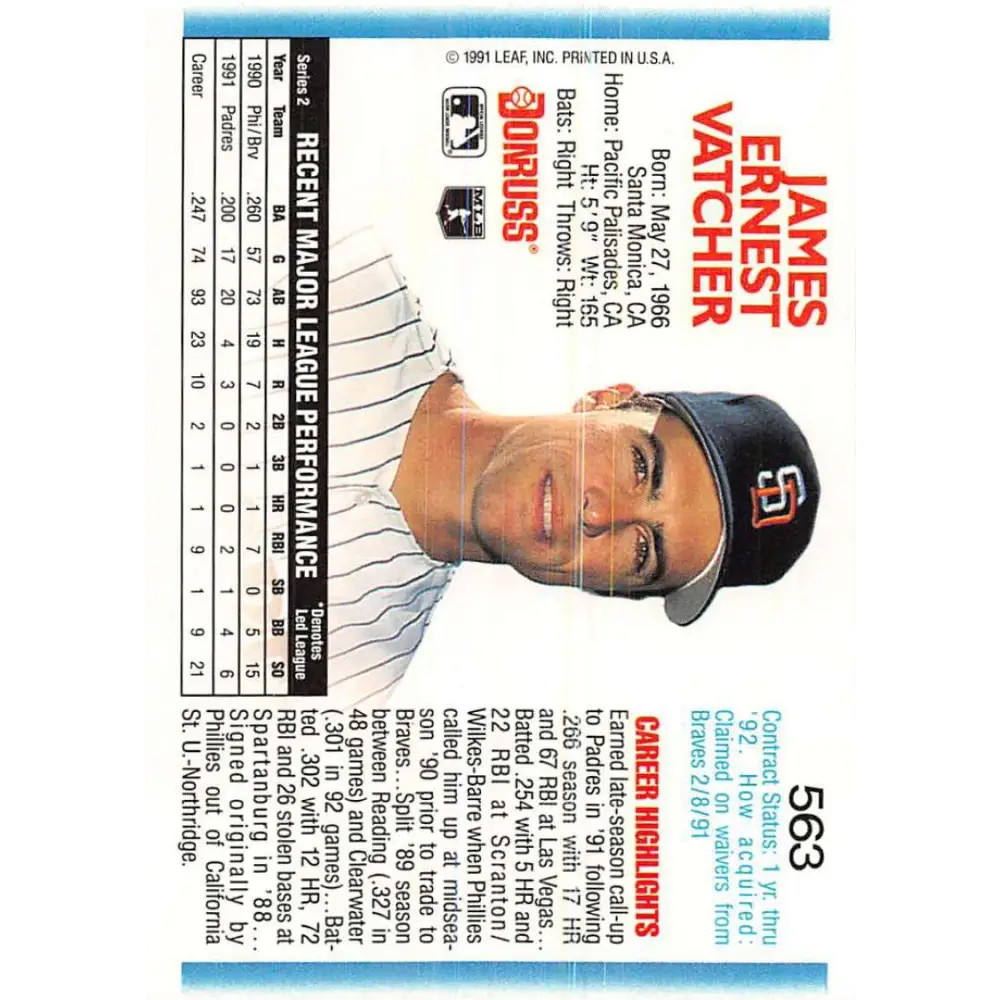 1992 Donruss #563 Jim Vatcher NM-MT San Diego Padres Baseball Card Image 2