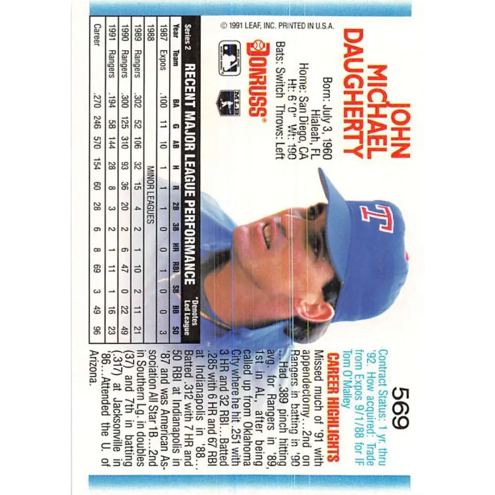 1992 Donruss #569 Jack Daugherty NM-MT Texas Rangers Baseball Card Image 2