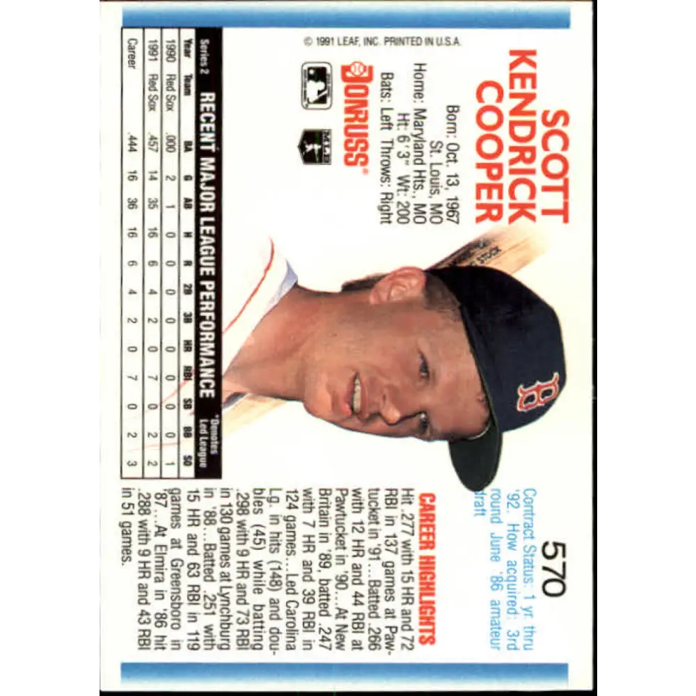 1992 Donruss #570 Scott Cooper NM-MT Boston Red Sox Baseball Card Image 2