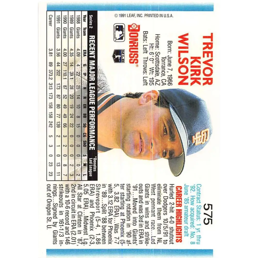 1992 Donruss #575 Trevor Wilson NM-MT San Francisco Giants Baseball Card Image 2