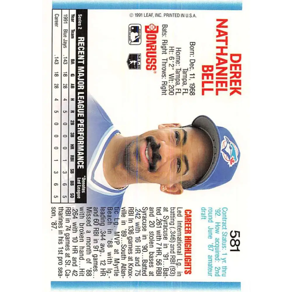 1992 Donruss #581 Derek Bell NM-MT Toronto Blue Jays Baseball Card Image 2