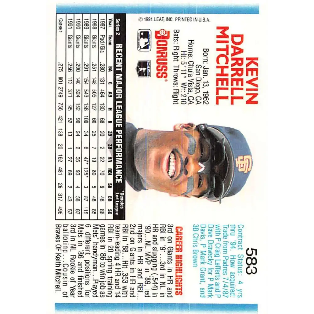 1992 Donruss #583 Kevin Mitchell NM-MT San Francisco Giants Baseball Card Image 2