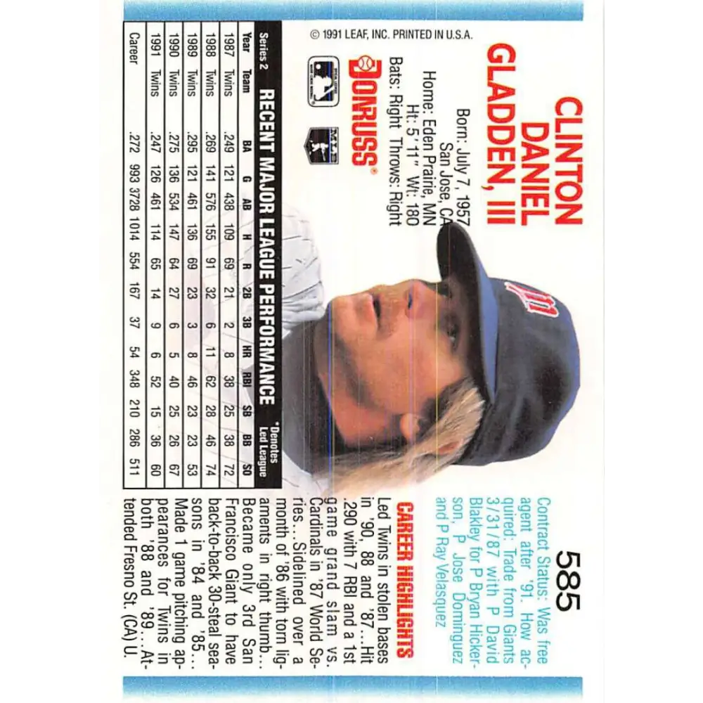 1992 Donruss #585 Dan Gladden NM-MT Minnesota Twins Baseball Card Image 2