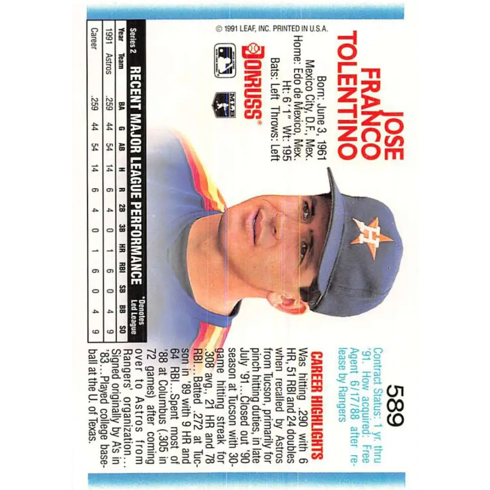1992 Donruss #589 Jose Tolentino NM-MT Houston Astros Baseball Card Image 2