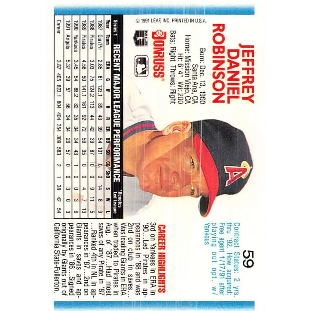 1992 Donruss #59 Jeff Robinson NM-MT California Angels Baseball Card Image 2
