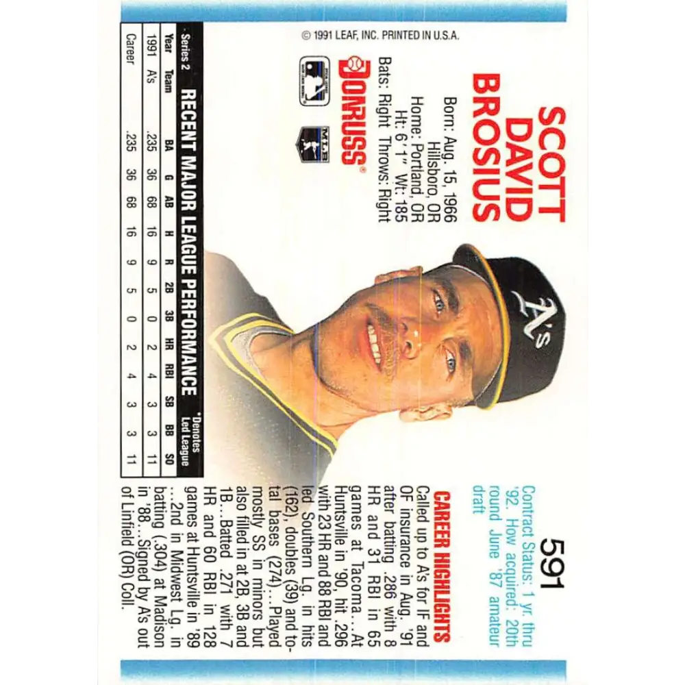 1992 Donruss #591 Scott Brosius NM-MT RC Rookie Oakland Athletics Baseball Card Image 2