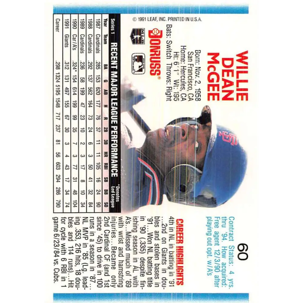 1992 Donruss #60 Willie McGee NM-MT San Francisco Giants Baseball Card Image 2