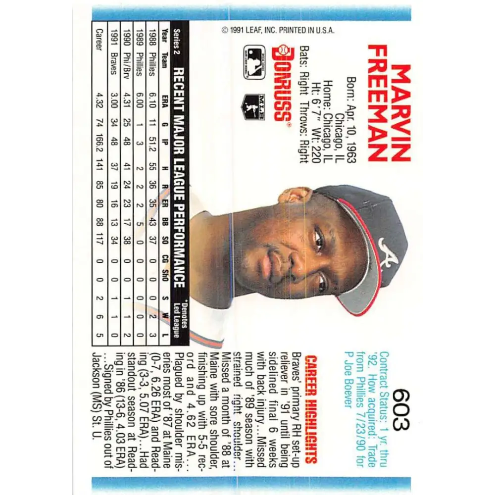 1992 Donruss #603 Marvin Freeman NM-MT Atlanta Braves Baseball Card Image 2