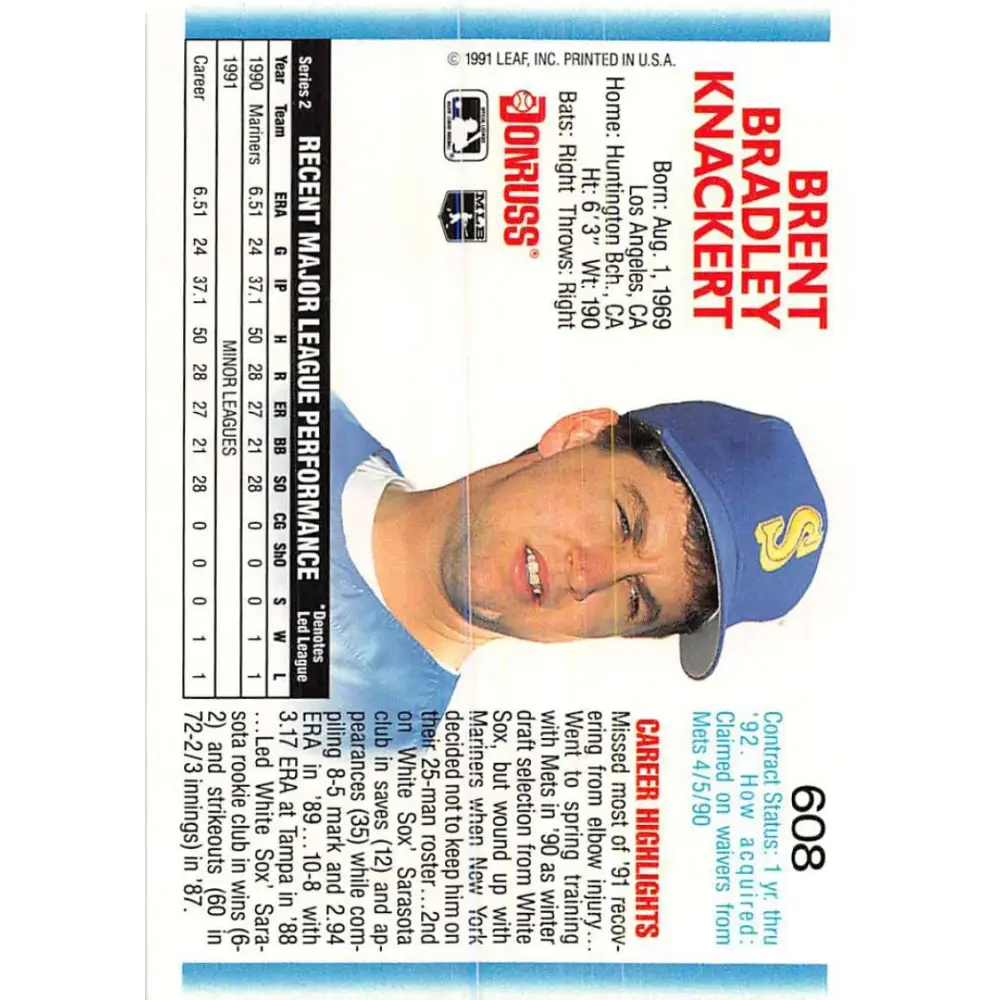 1992 Donruss #608 Brent Knackert NM-MT Seattle Mariners Baseball Card Image 2