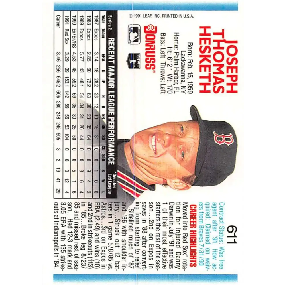 1992 Donruss #611 Joe Hesketh NM-MT Boston Red Sox Baseball Card Image 2