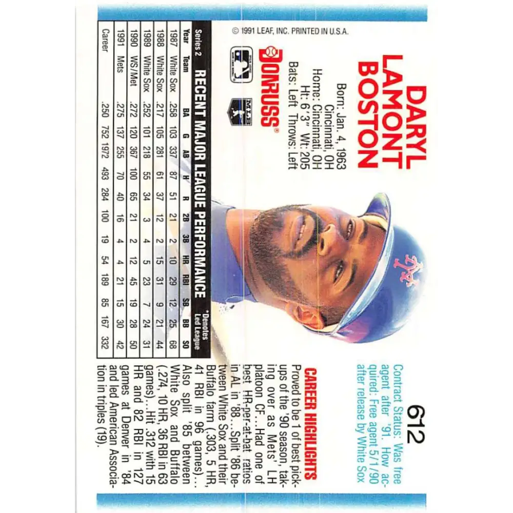 1992 Donruss #612 Daryl Boston NM-MT New York Mets Baseball Card Image 2