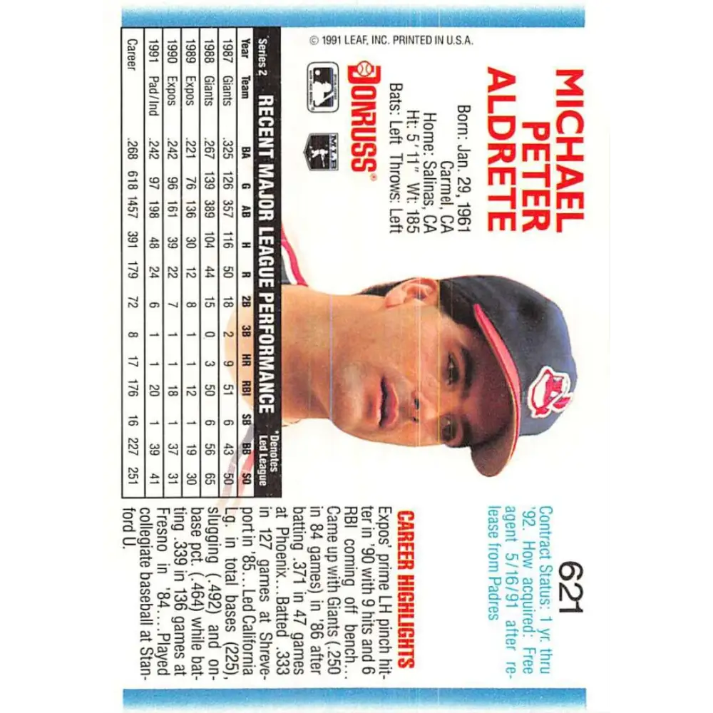 1992 Donruss #621 Mike Aldrete NM-MT Cleveland Indians Baseball Card Image 2