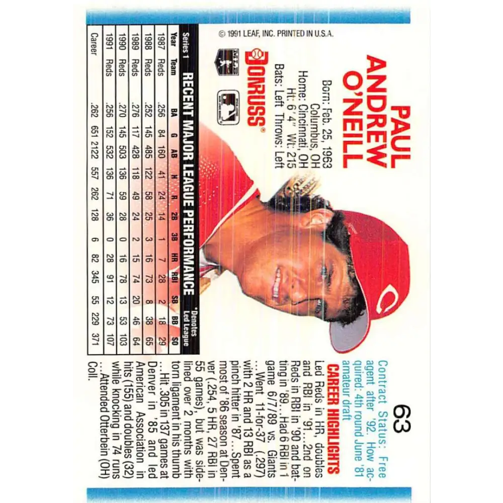 1992 Donruss #63 Paul O'Neill NM-MT Cincinnati Reds Baseball Card Image 2