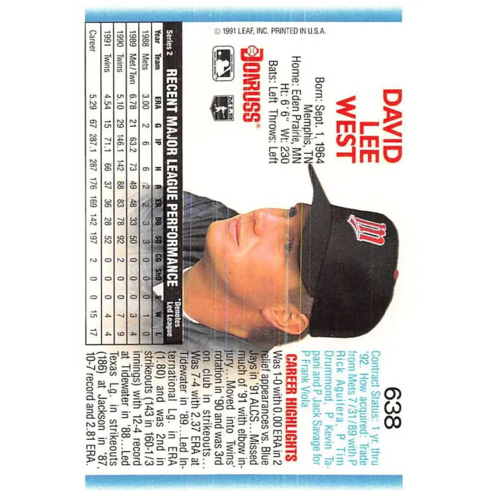 1992 Donruss #638 David West NM-MT Minnesota Twins Baseball Card Image 2