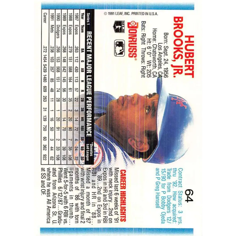 1992 Donruss #64 Hubie Brooks NM-MT New York Mets Baseball Card Image 2
