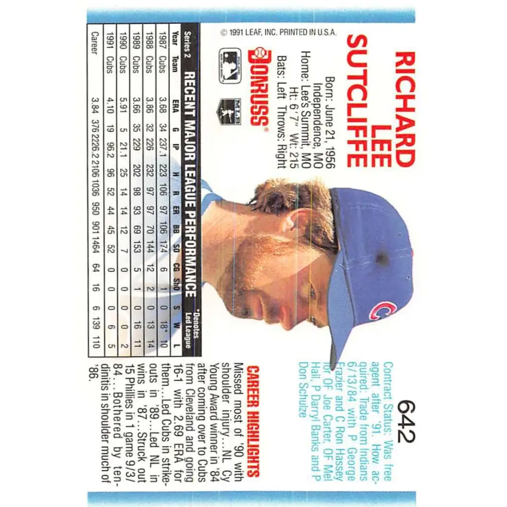 1992 Donruss #642 Rick Sutcliffe NM-MT Chicago Cubs Baseball Card Image 2