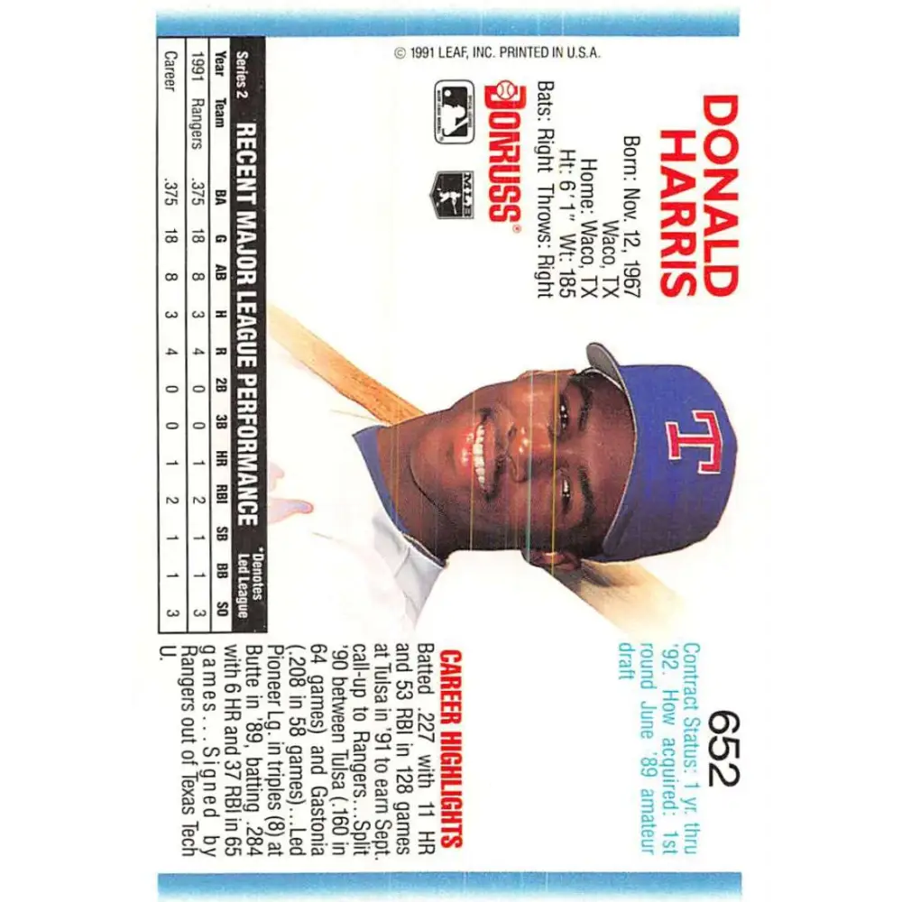 1992 Donruss #652 Donald Harris NM-MT Texas Rangers Baseball Card Image 2