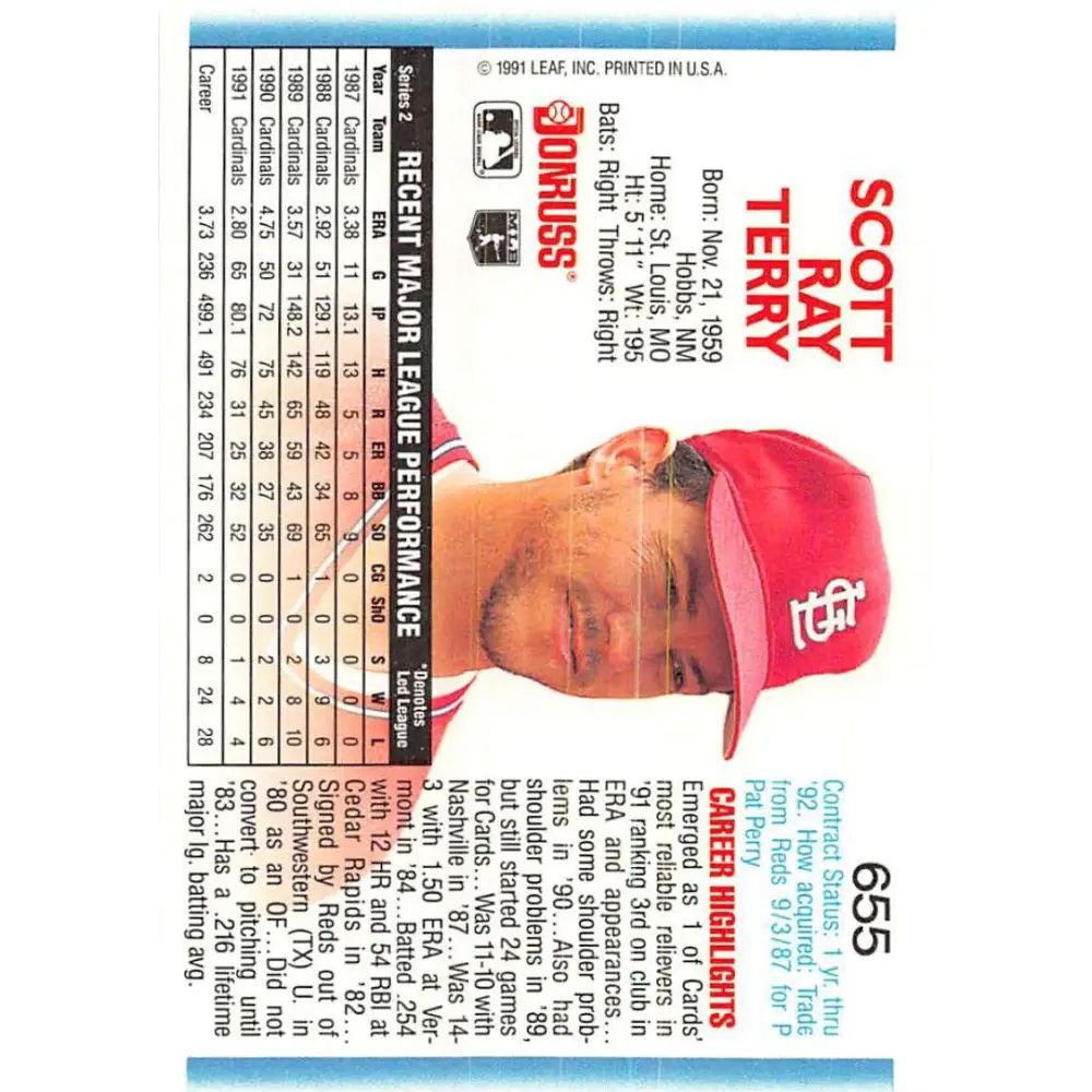 1992 Donruss #655 Scott Terry NM-MT St. Louis Cardinals Baseball Card Image 2