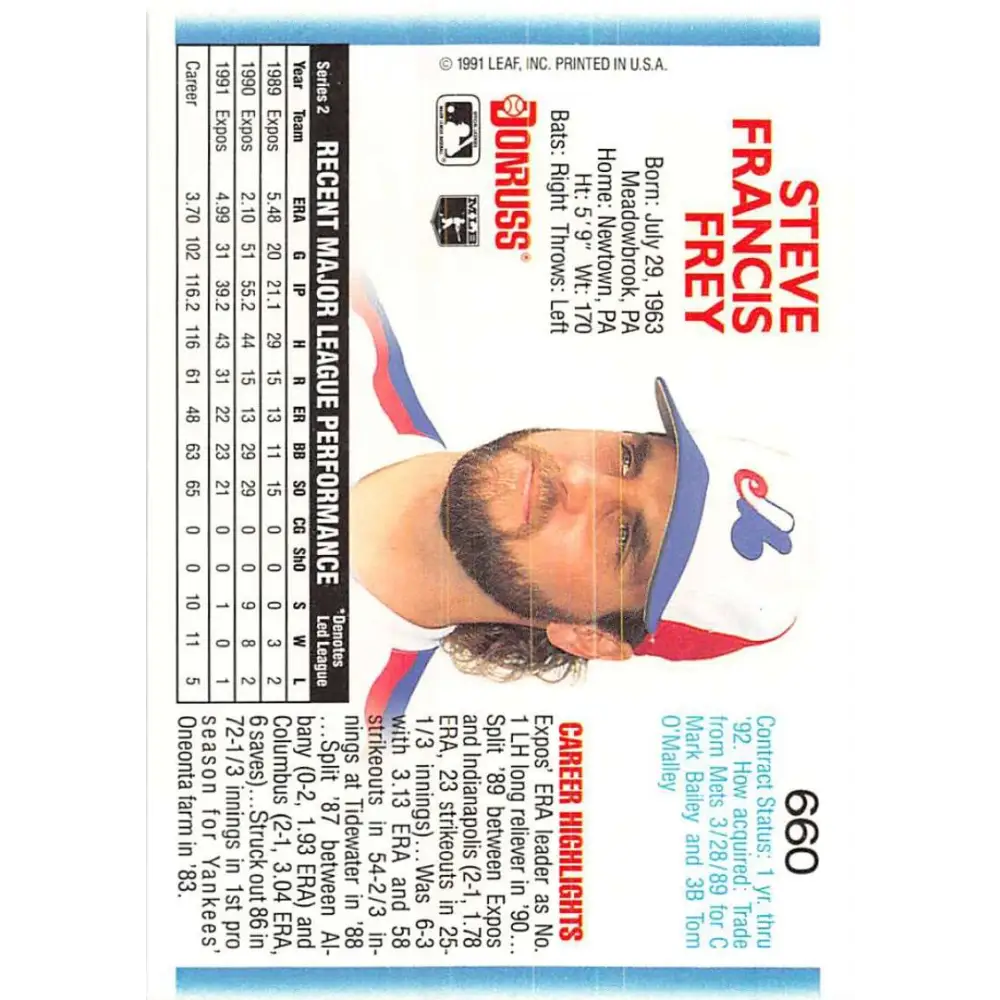 1992 Donruss #660 Steve Frey NM-MT Montreal Expos Baseball Card Image 2