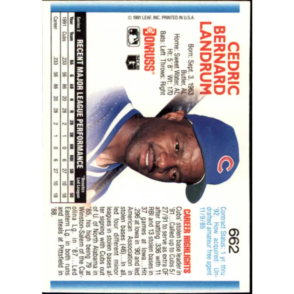 1992 Donruss #662 Ced Landrum NM-MT Chicago Cubs Baseball Card Image 2
